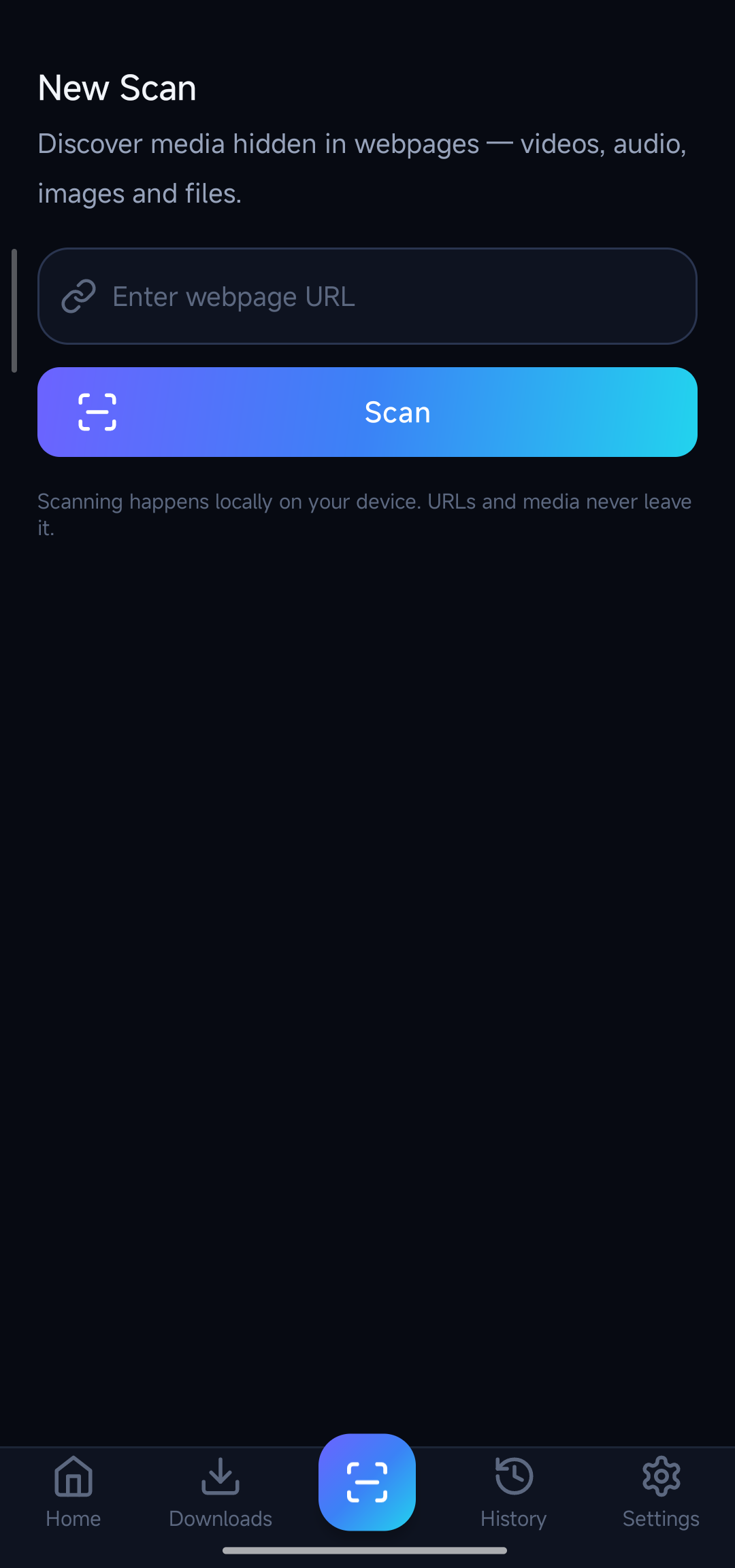 Scan screen with a URL input field and the gradient Scan button