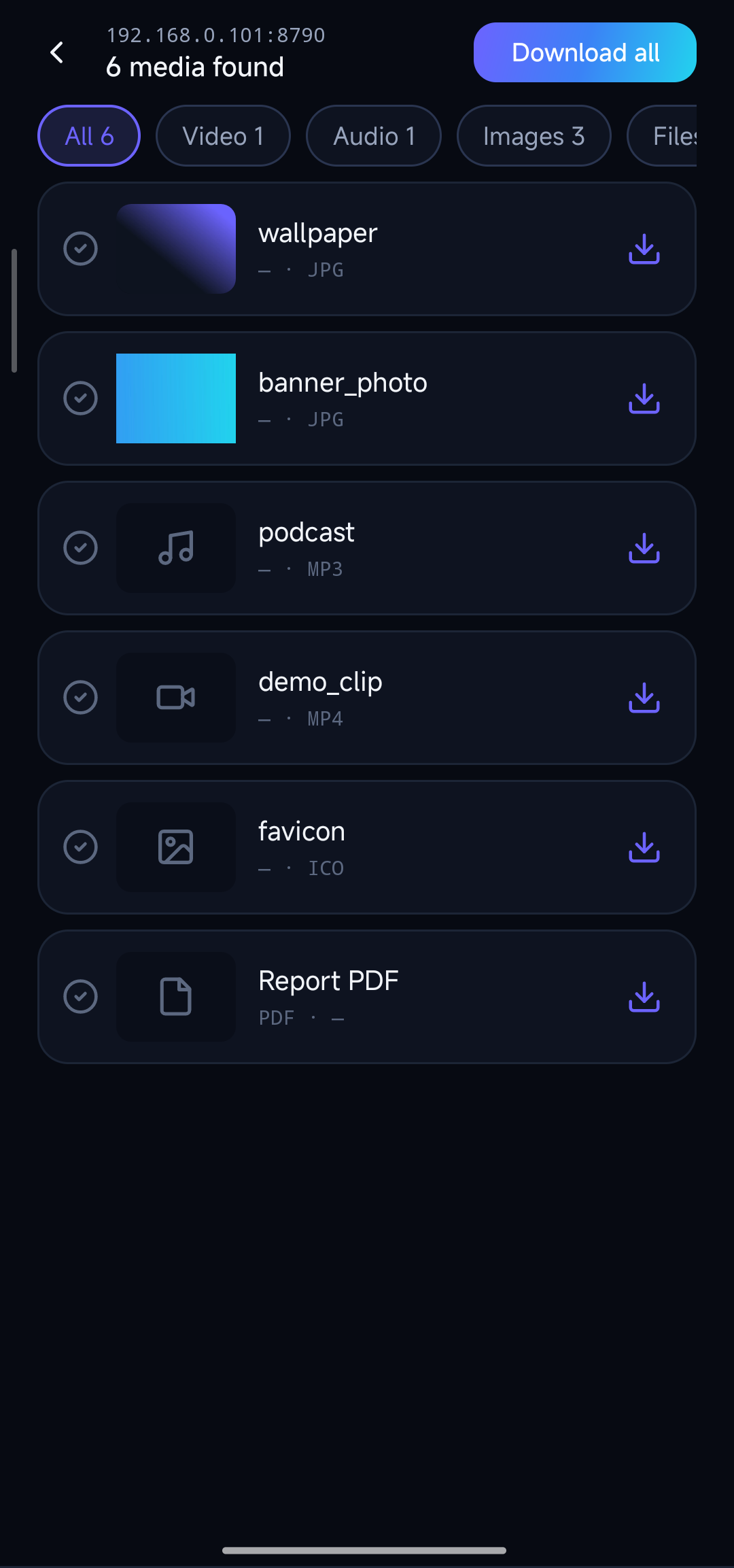 WebMedia Scanner results screen listing six detected media items — video, audio, images and a PDF — each with size and download button